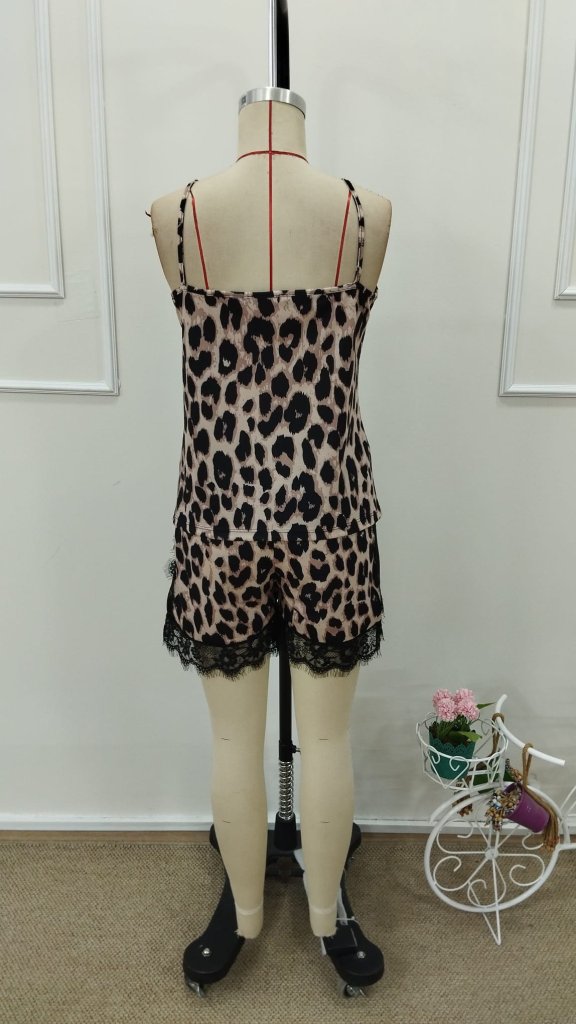 Kadın Askılı V Yakalı Dantel Detaylı Leopar Desenli Süprem Atlet Ve şort Ikili Takım , 36930