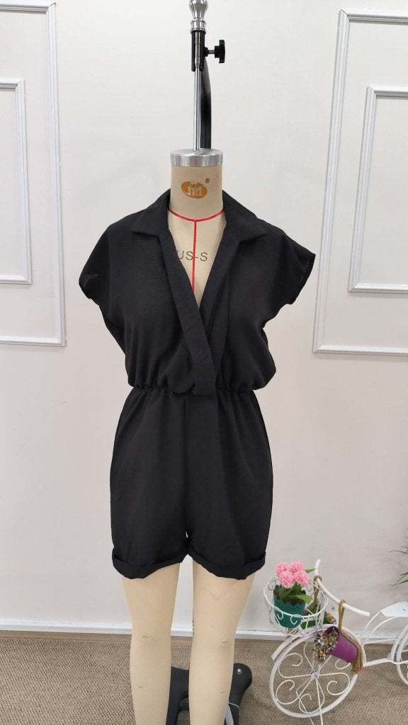Women's Short Sleeve Wrap Neck Short Jumpsuit, 33583