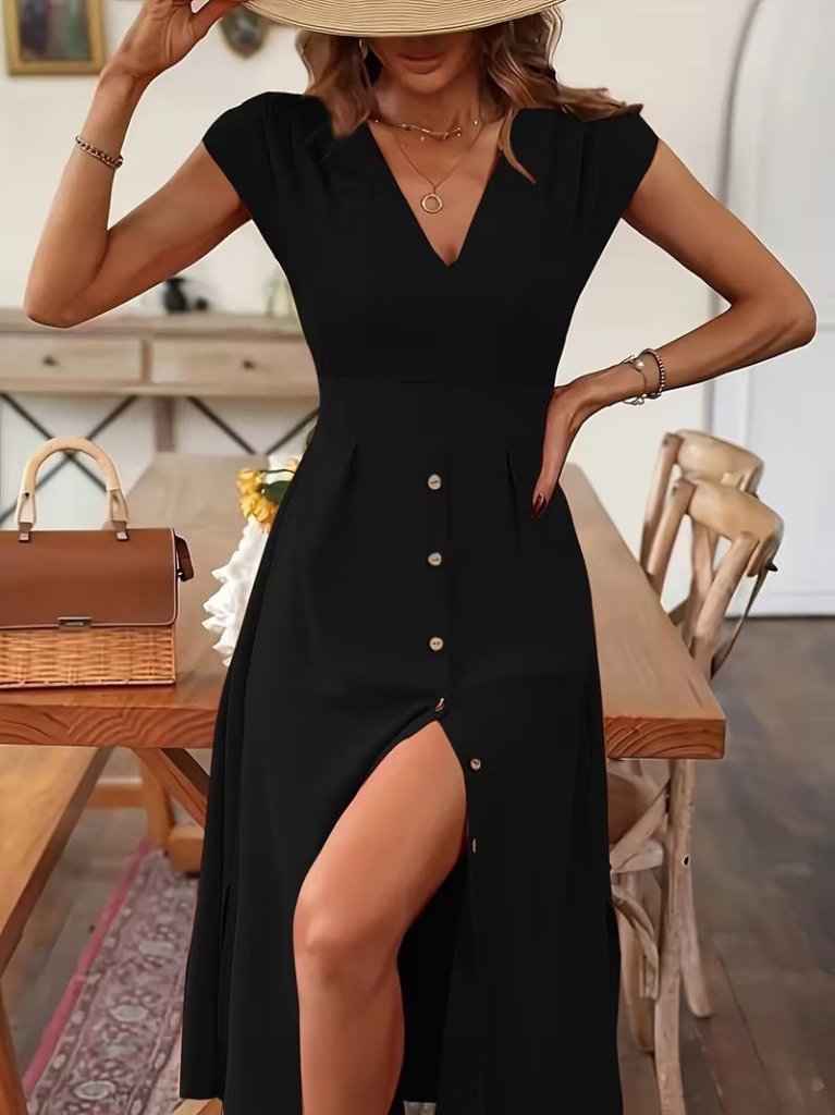 Women's Short-Sleeve V-Neck Button-Front Midi Woven Viscose Dress, 31778