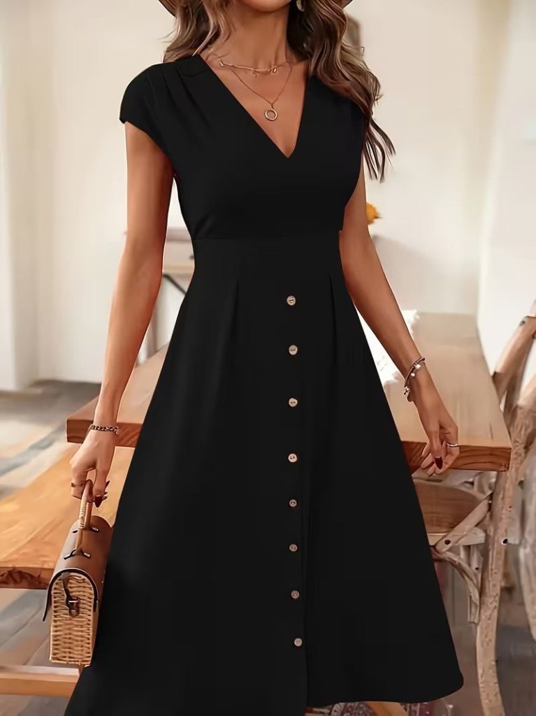Women's Short-Sleeve V-Neck Button-Front Midi Woven Viscose Dress, 31778