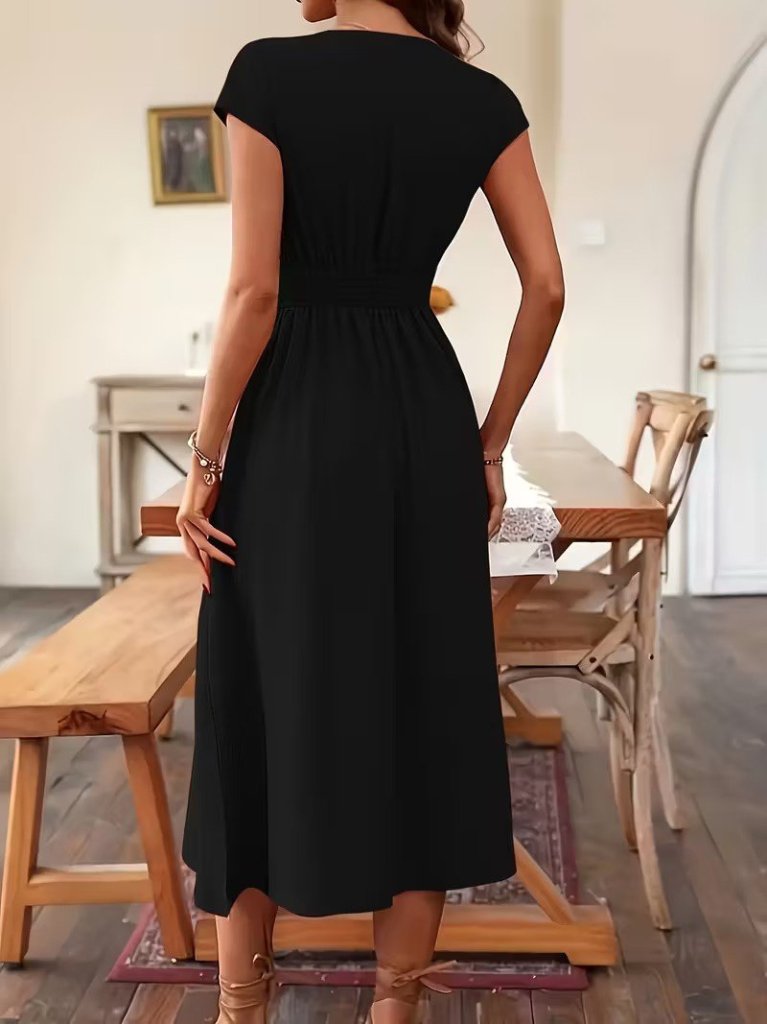 Women's Short-Sleeve V-Neck Button-Front Midi Woven Viscose Dress, 31778