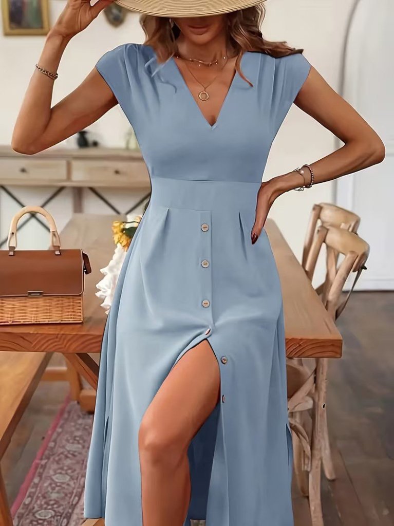 Women's Short Sleeve V-Neck Button-Front Midi Woven Viscose Dress, 31781