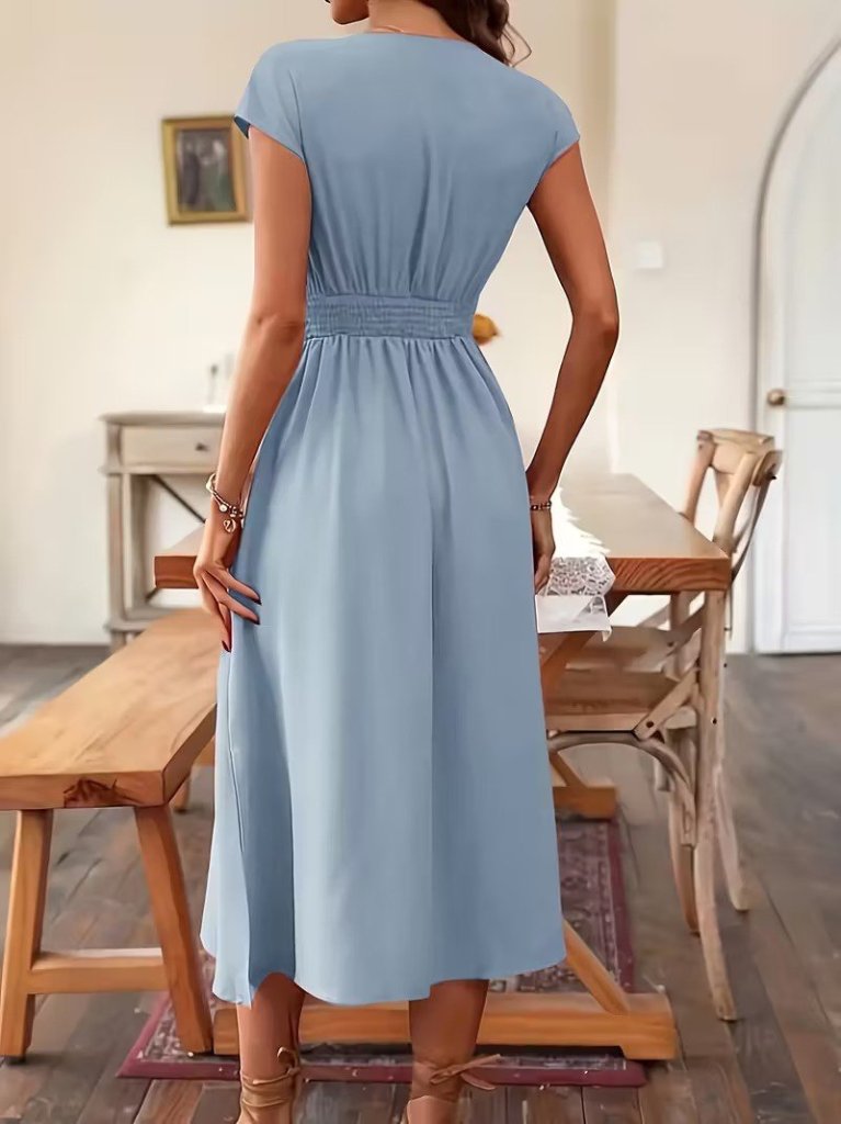 Women's Short Sleeve V-Neck Button-Front Midi Woven Viscose Dress, 31781
