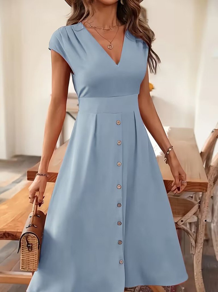 Women's Short Sleeve V-Neck Button-Front Midi Woven Viscose Dress, 31781