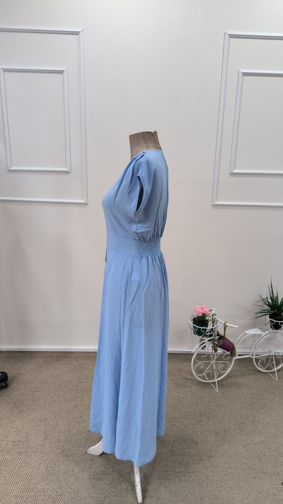 Women's Short Sleeve V-Neck Button-Front Midi Woven Viscose Dress, 31781