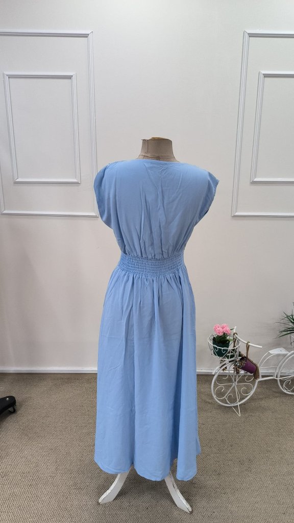 Women's Short Sleeve V-Neck Button-Front Midi Woven Viscose Dress, 31781