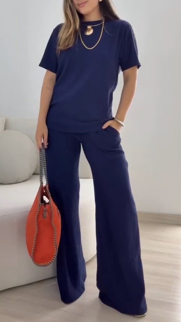 Kadın Kısa Kollu Bisiklet Yaka Viskon Iki Iplik Bluz Ve Pantolon Ikili Takım , 35886