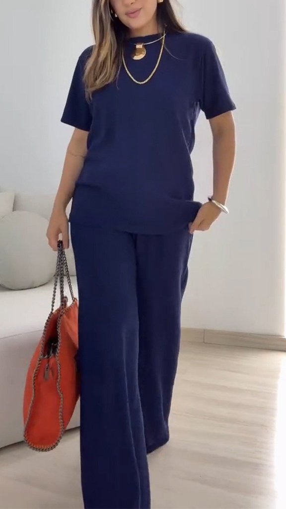 Kadın Kısa Kollu Bisiklet Yaka Viskon Iki Iplik Bluz Ve Pantolon Ikili Takım , 35886