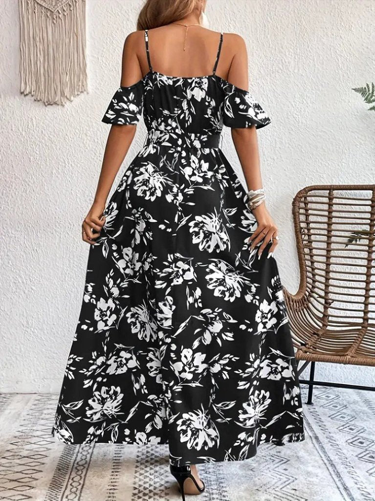Women's Spaghetti Strap Short Sleeve Wrap-Neck Slit Patterned Interlock Dress, 31940