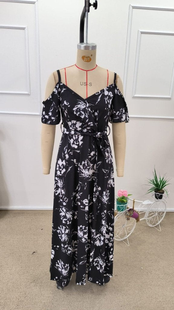 Women's Spaghetti Strap Short Sleeve Wrap-Neck Slit Patterned Interlock Dress, 31940