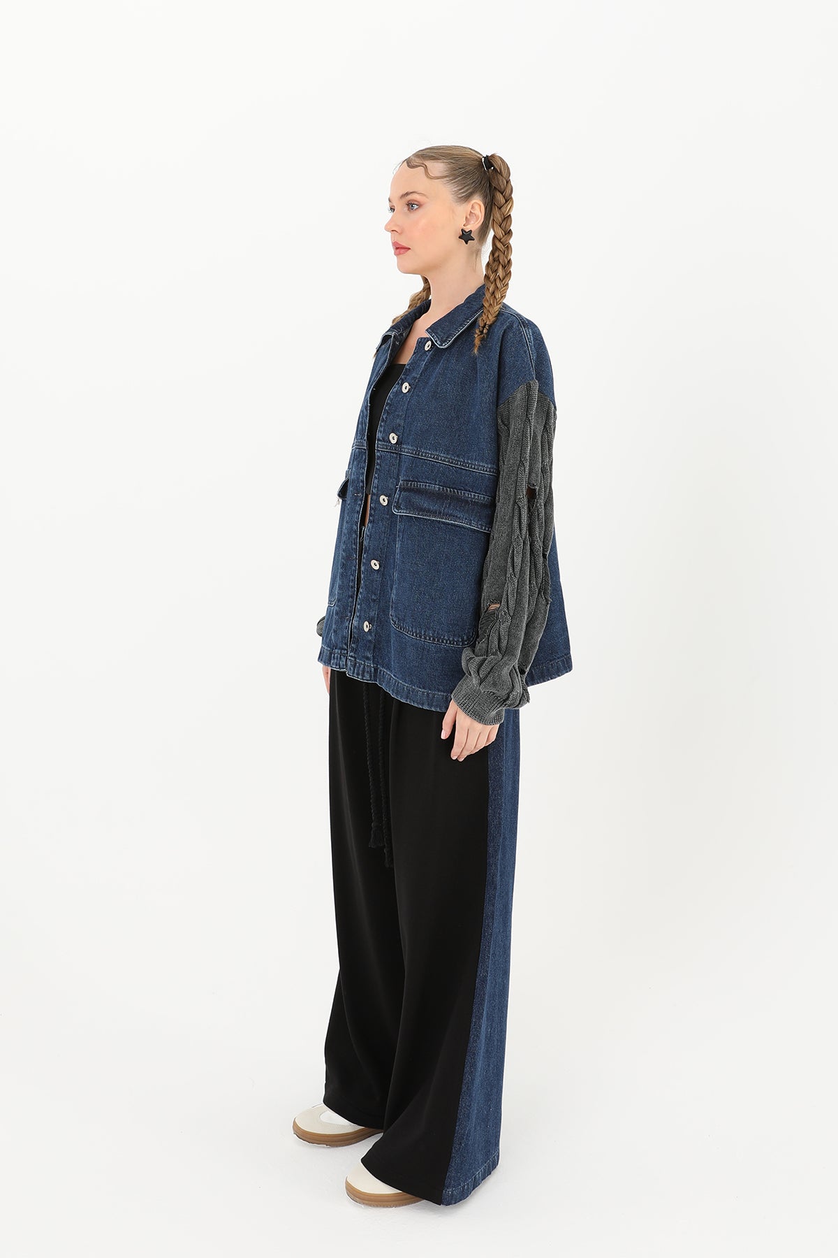 Kadın Triko Kol Detaylı Denim Ceket -32041CKT