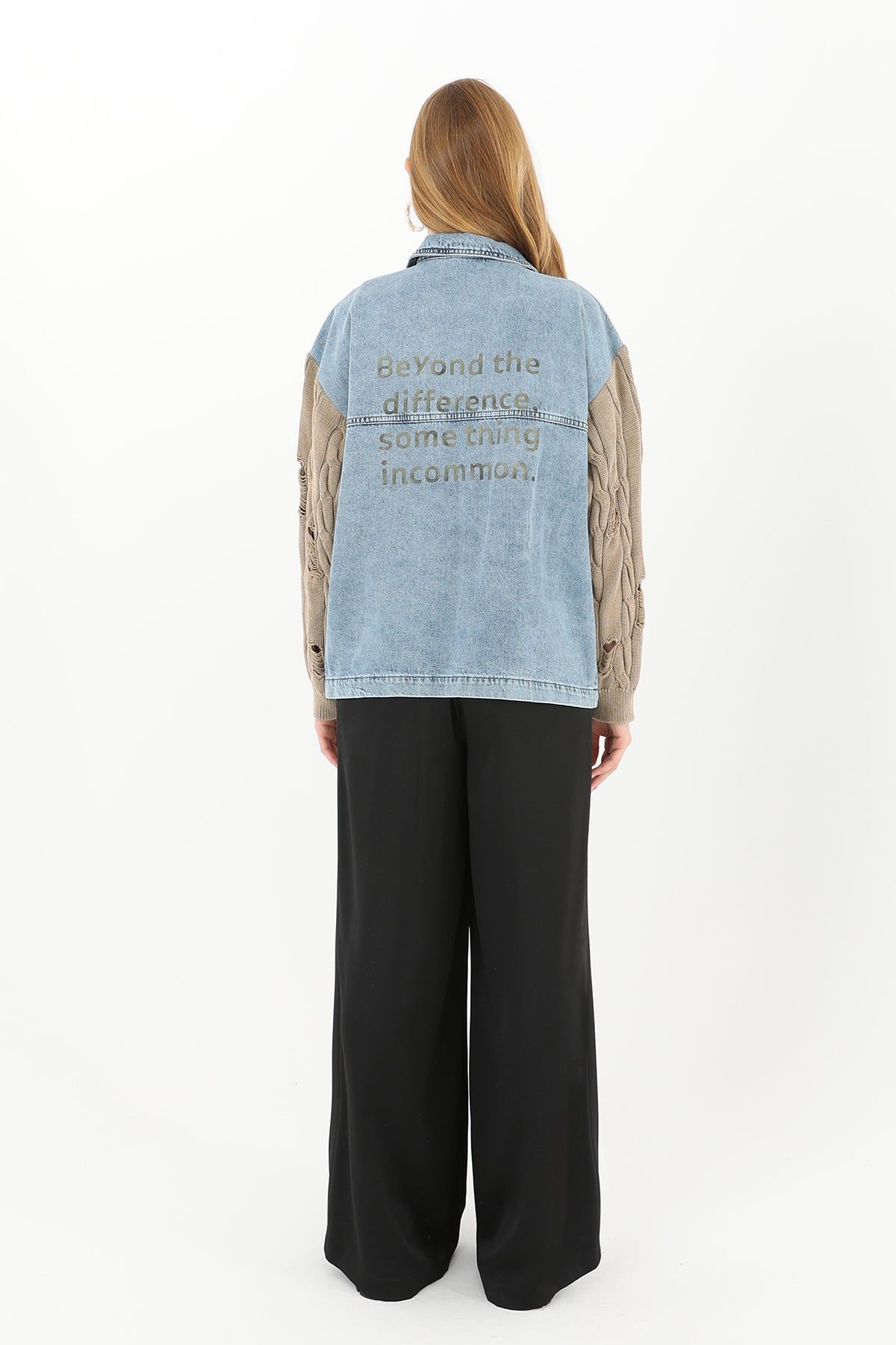 Kadın Triko Kol Detaylı Denim Ceket -32041CKT