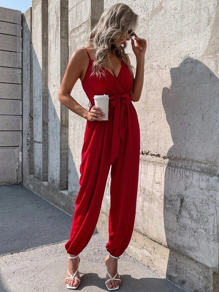 Women's Strappy Wrap-Neck Belted Long Sandy Jumpsuit, 32206
