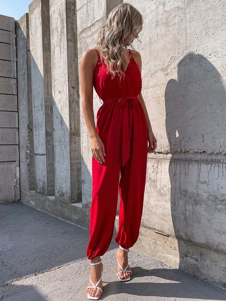 Women's Strappy Wrap-Neck Belted Long Sandy Jumpsuit, 32206