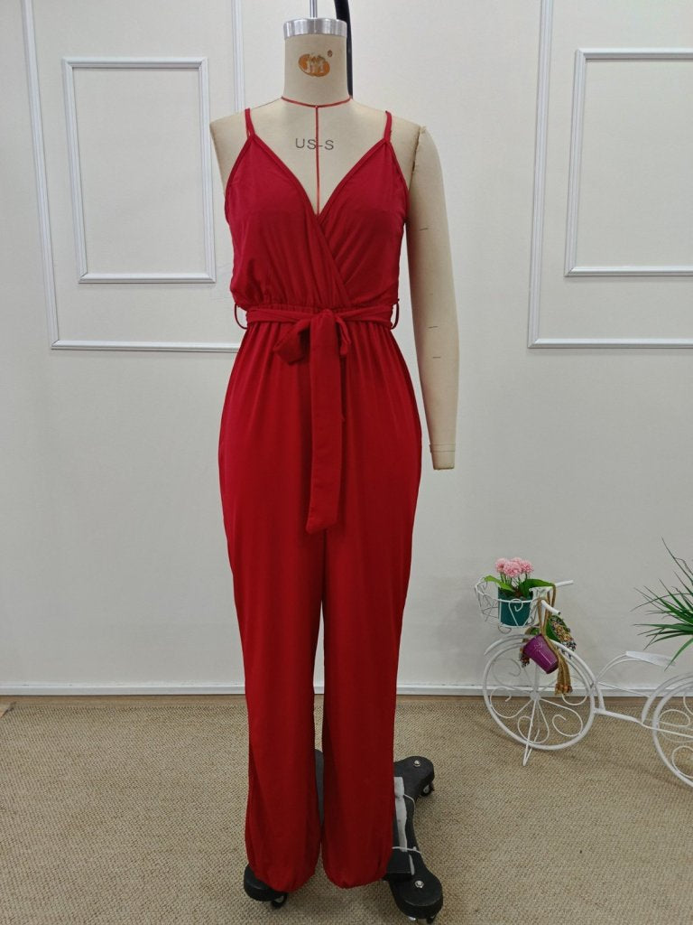 Women's Strappy Wrap-Neck Belted Long Sandy Jumpsuit, 32206