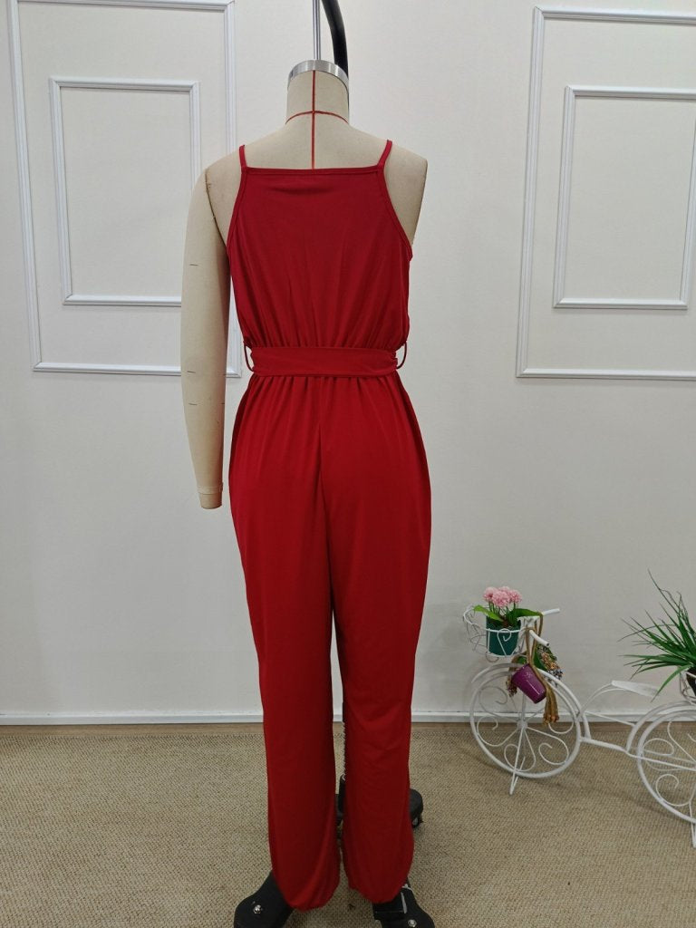 Women's Strappy Wrap-Neck Belted Long Sandy Jumpsuit, 32206
