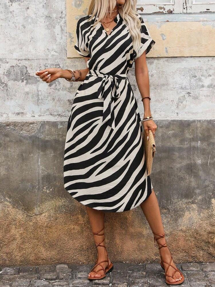 Women's Short Sleeve V-Neck Mandarin Collar Zebra Print Midi Supima Dress, 32092