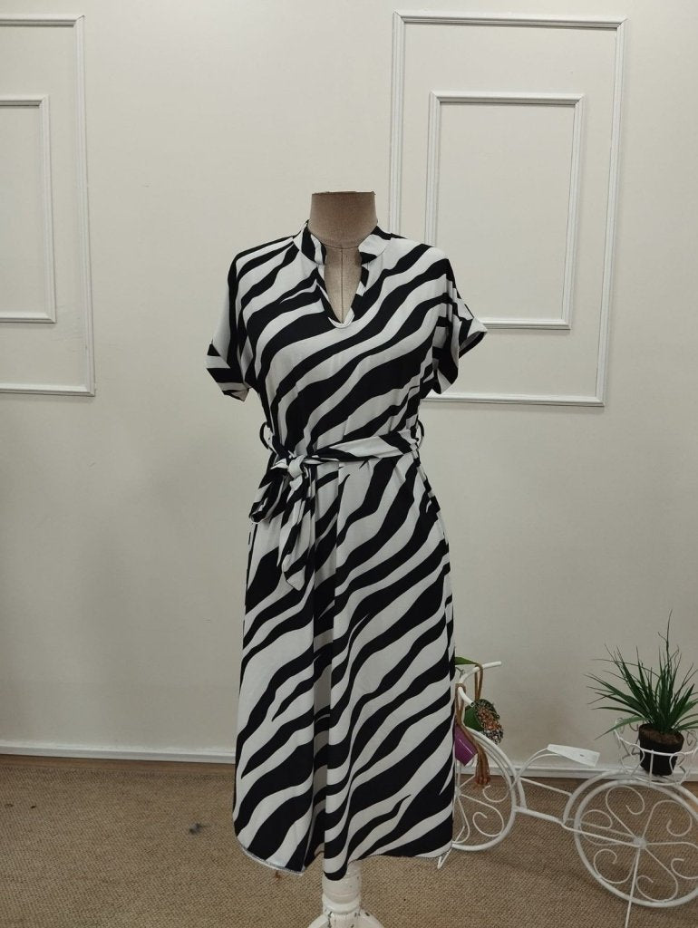 Women's Short Sleeve V-Neck Mandarin Collar Zebra Print Midi Supima Dress, 32092