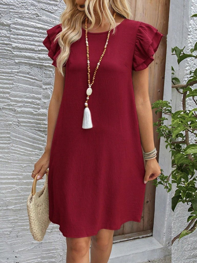 Women's Short Sleeve Crew Neck Ruffled Short Crepe Dress, 32168