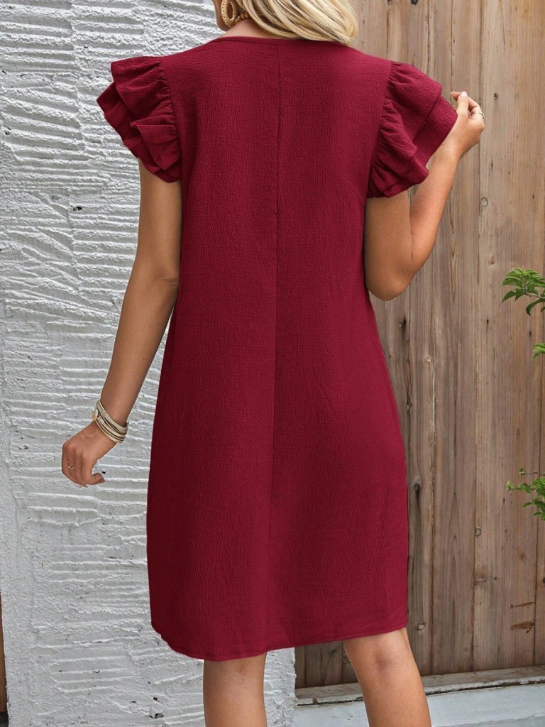 Women's Short Sleeve Crew Neck Ruffled Short Crepe Dress, 32168