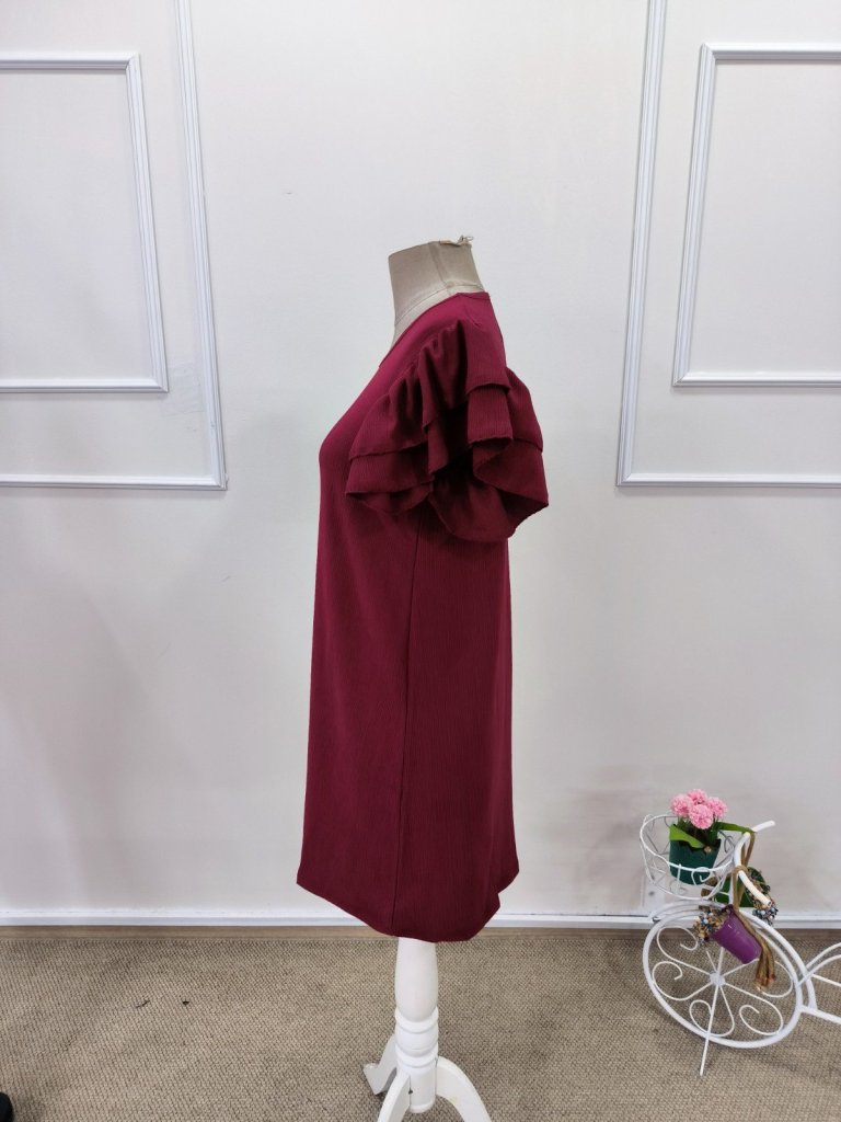 Women's Short Sleeve Crew Neck Ruffled Short Crepe Dress, 32168