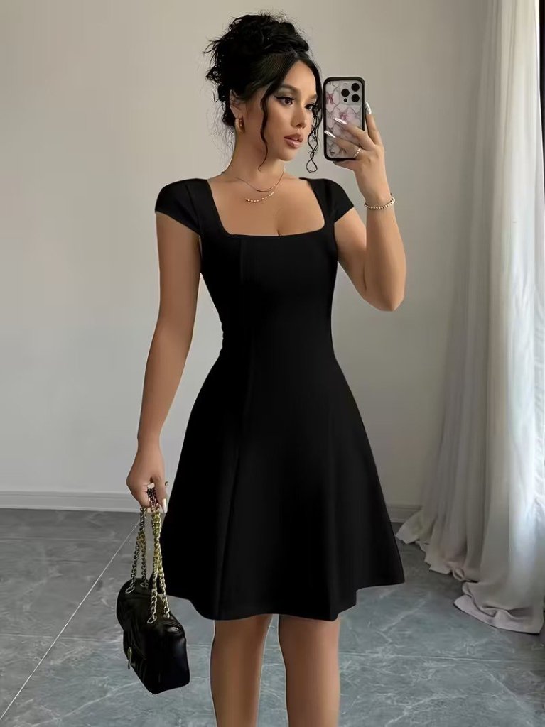 Women's Short Sleeve Square Neck Short Imported Crepe Dress, 33581