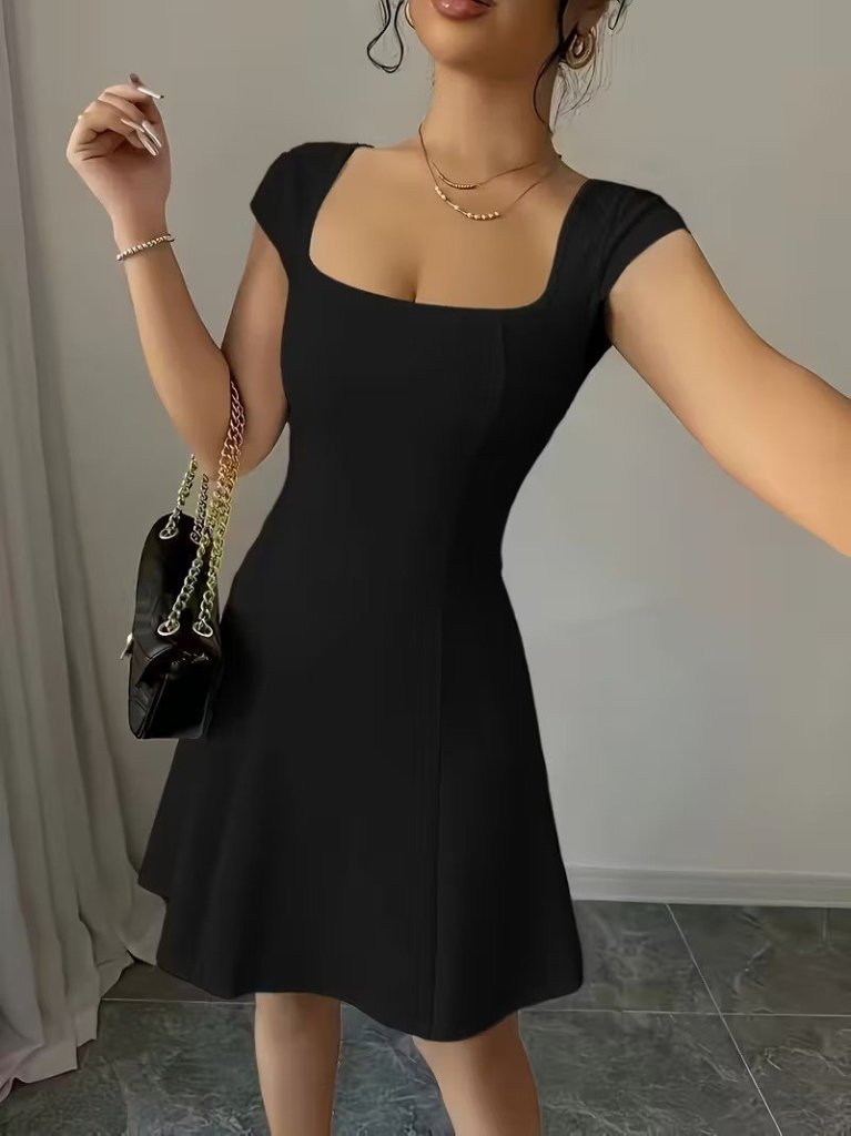 Women's Short Sleeve Square Neck Short Imported Crepe Dress, 33581
