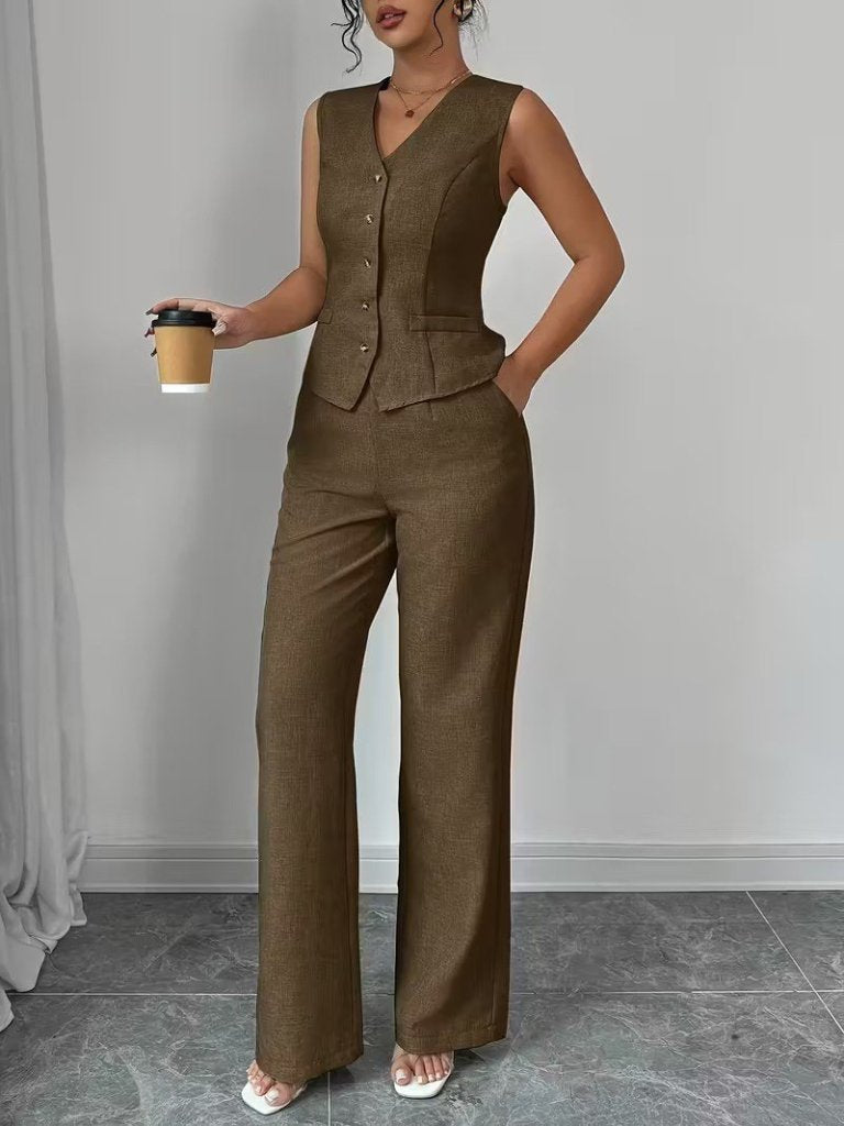 Kadın Askılı önden Düğmeli Bluz Ve Pantolon Keten Ikili Takım, 37765