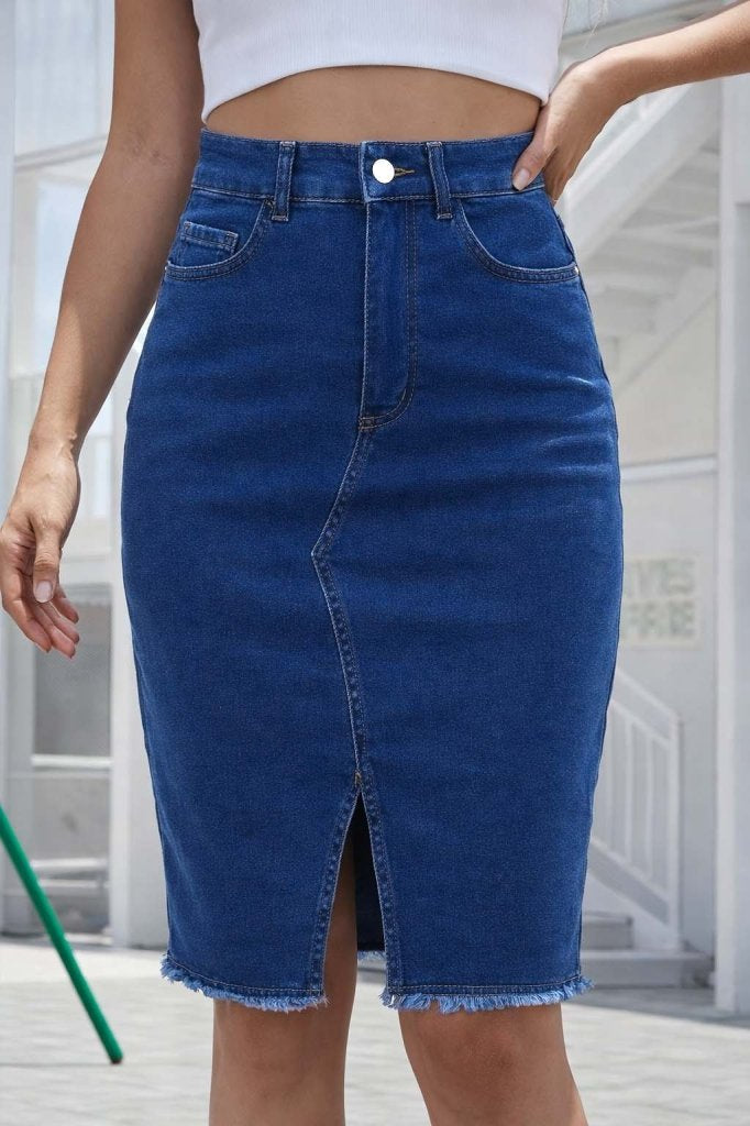Women's High Waisted Front Slit Short Denim Skirt, 32263