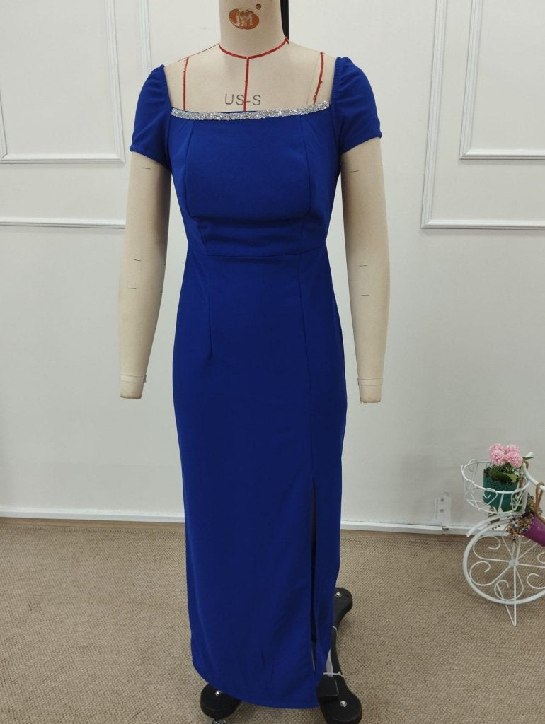 Women's Short-Sleeved Square Neck, Glitter Detail, Back Lace-Up, Slit Long Imported Crepe Dress, 32276