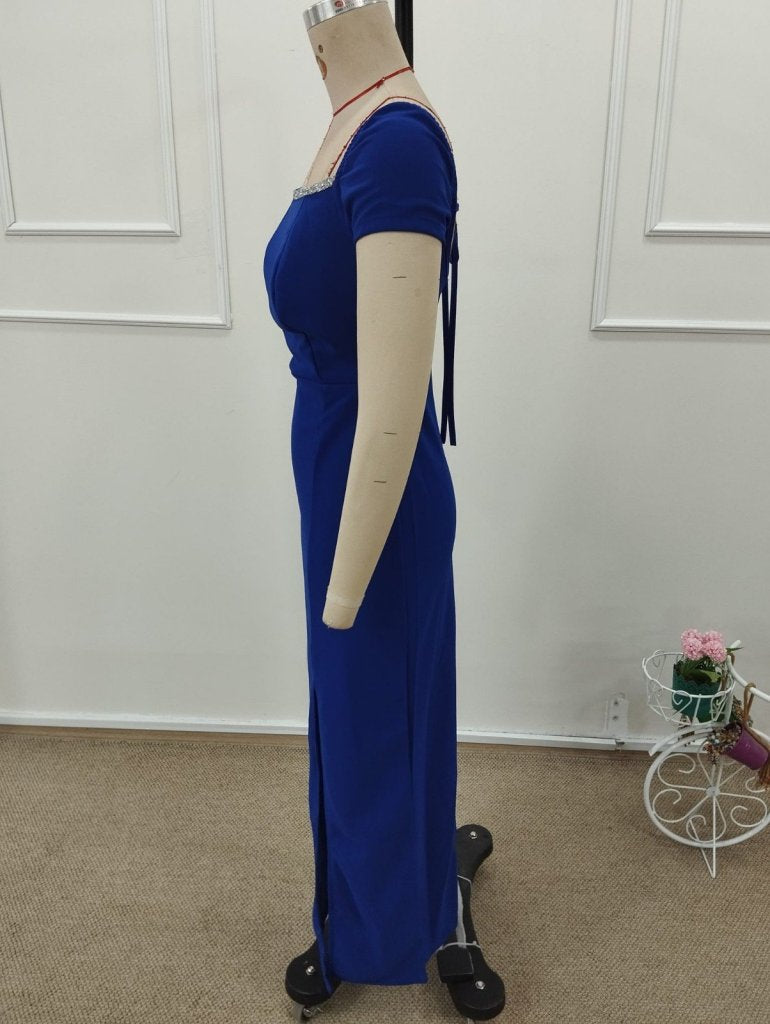 Women's Short-Sleeved Square Neck, Glitter Detail, Back Lace-Up, Slit Long Imported Crepe Dress, 32276