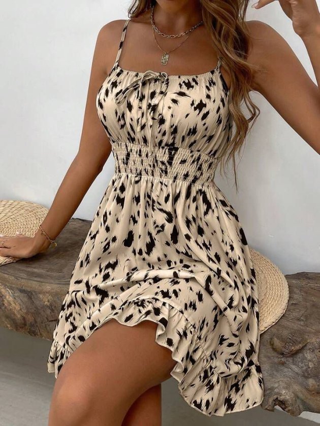 Kadın Ip Askılı Yakadan Büzgülü Beli Lastikli Kısa Süprem Elbise , 32367