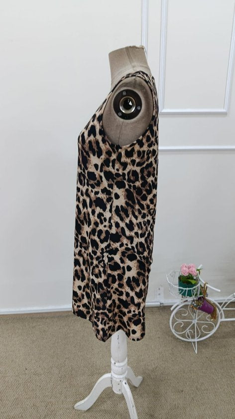 Kadın Askılı Yuvarlak Yakalı Kısa Leopar Desenli Süprem Elbise , 33156