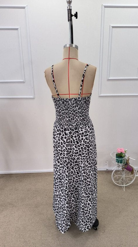 Women's Strappy Wrap Collar Elastic Waist Leopard Print Long Supreme Dress, 32397
