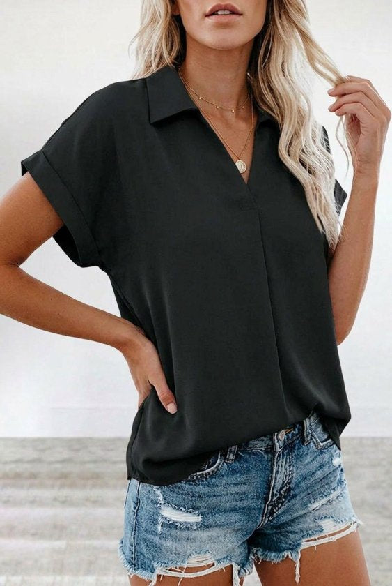 Women's Short Sleeve Collared Woven Viscose Blouse, 33957
