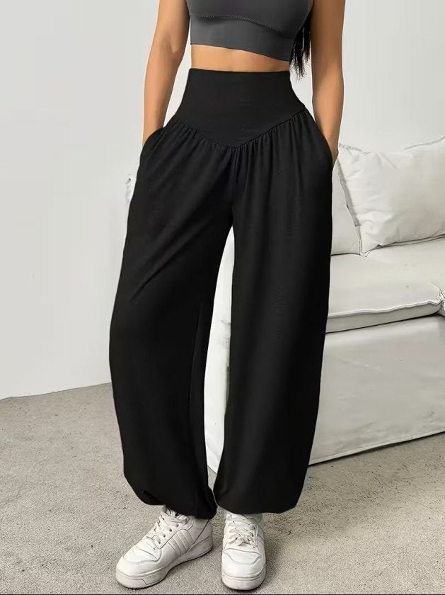 Women's High Waisted Ruched Pocket Wide Leg Viscose Double Yarn Trousers, 32470