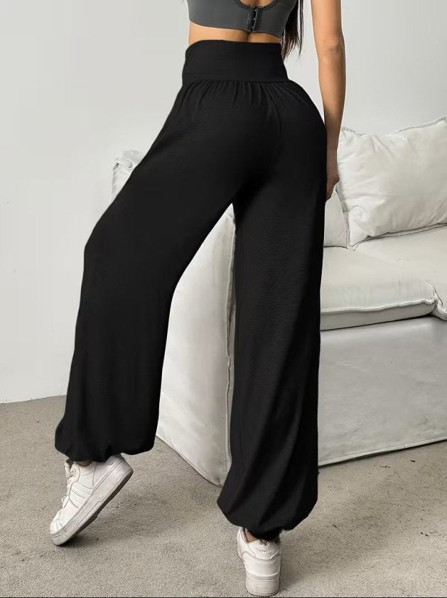 Women's High Waisted Ruched Pocket Wide Leg Viscose Double Yarn Trousers, 32470