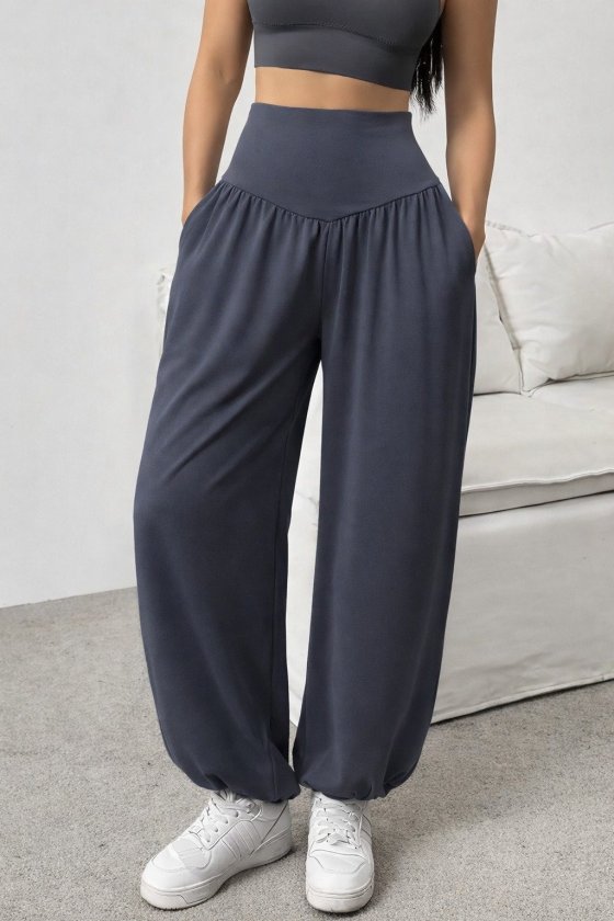 Women's High Waisted Ruched Pocket Wide Leg Viscose Two-Thread Trousers, 32472