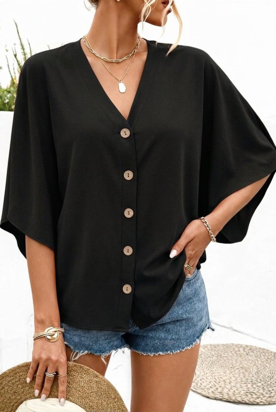 Women's Short Batwing Sleeve V-Neck Button-Front Aerobin Blouse, 32550