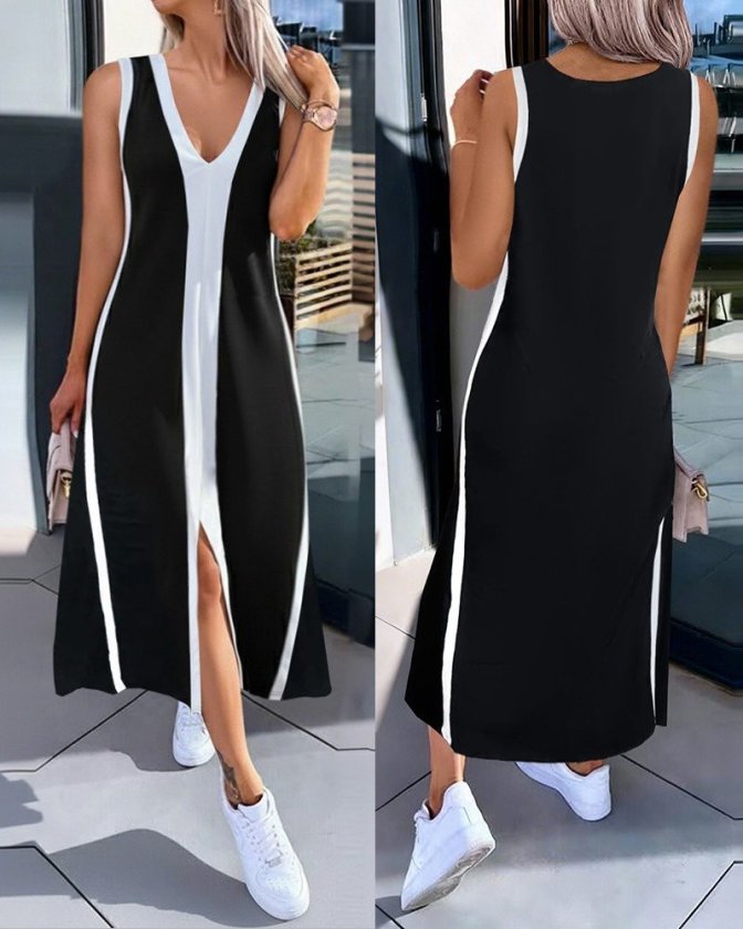 Women's Strappy V-Neck Two-Tone Striped Front Slit Long Viscose Dress, 32556