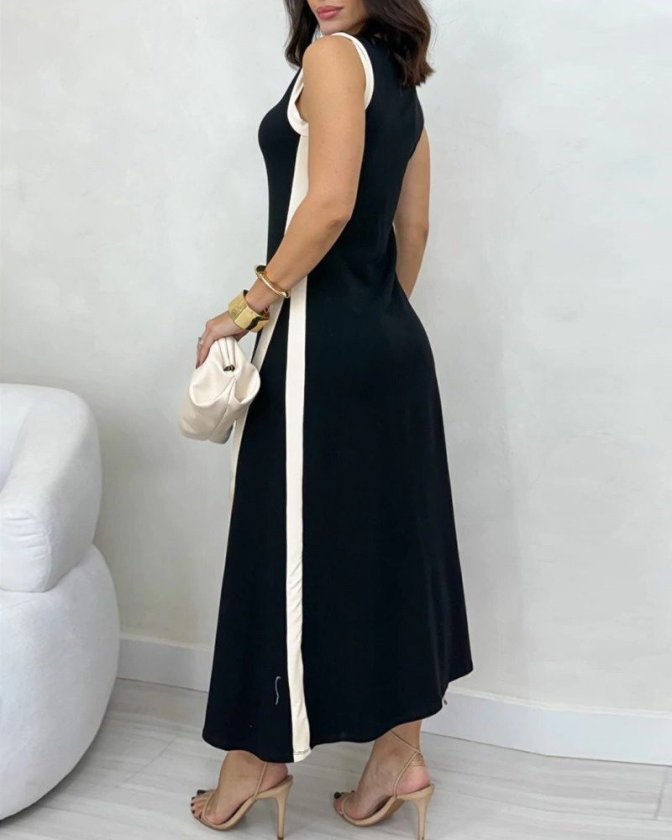 Women's Strappy V-Neck Two-Tone Striped Front Slit Long Viscose Dress, 32556