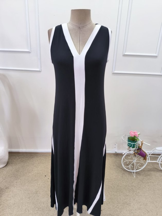 Women's Strappy V-Neck Two-Tone Striped Front Slit Long Viscose Dress, 32556
