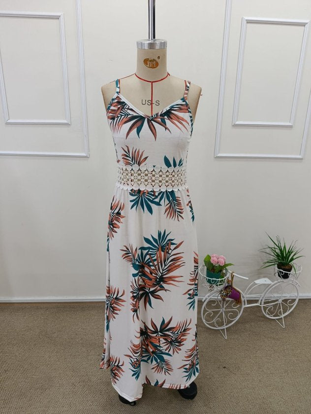 Women's Strappy V-Neck Long Supreme Dress with Lace Waist, 32575