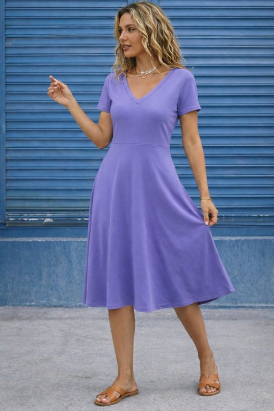 Women's Short Sleeve V-Neck Flared Midi Viscose Dress, 32609