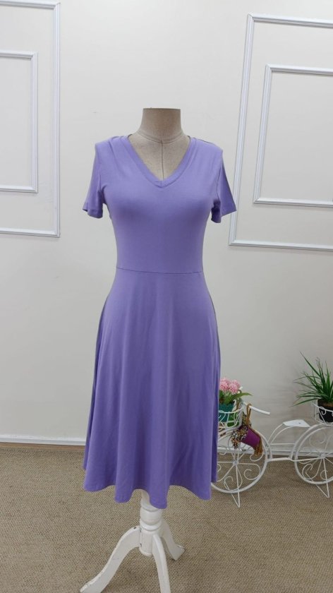 Women's Short Sleeve V-Neck Flared Midi Viscose Dress, 32609