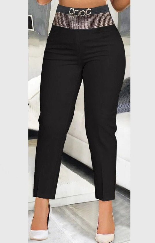Women's High Waist Stone and Buckle Detail Imported Crepe Trousers, 32683
