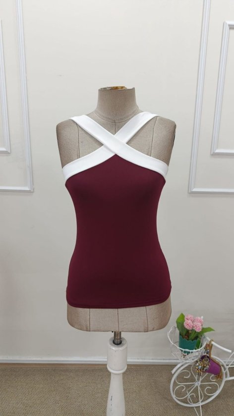 Women's Off-the-Shoulder Scuba Blouse with Crisscross Strap Detail on Front, 32695