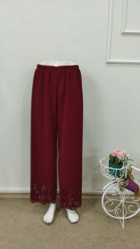 Kadın Yüksel Bel Beli Lastıklı çiçek Desenli Lazer Kesım Detaylı Ithal Krep Pantolon, 32707