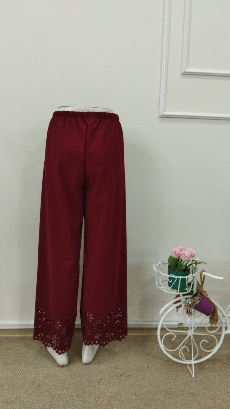 Kadın Yüksel Bel Beli Lastıklı çiçek Desenli Lazer Kesım Detaylı Ithal Krep Pantolon, 32707