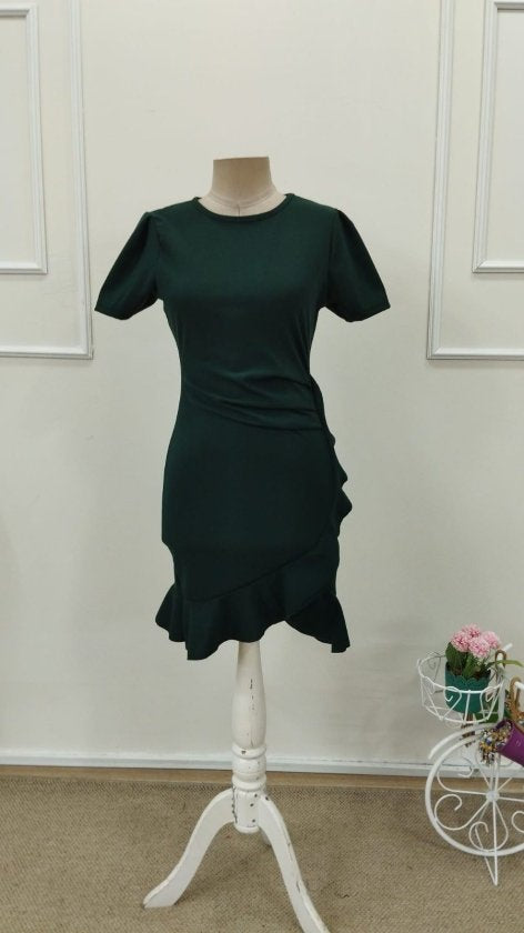 Women's Short Sleeve Crew Neck Ruffled Front Imported Crepe Dress, 32791